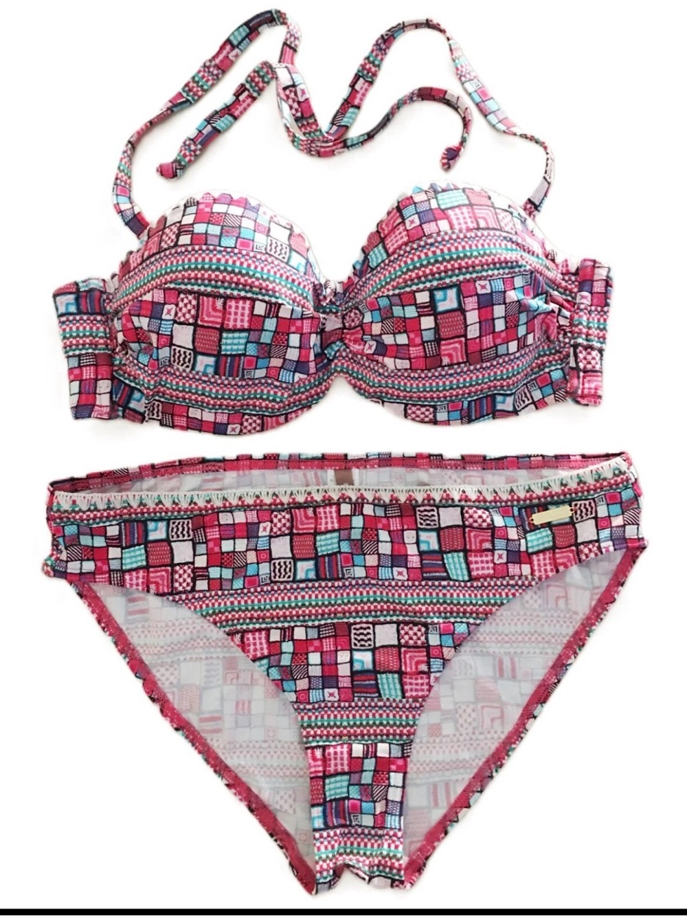 Women's Pink Geo-Print Bandeau Bikini Set with Removable Straps